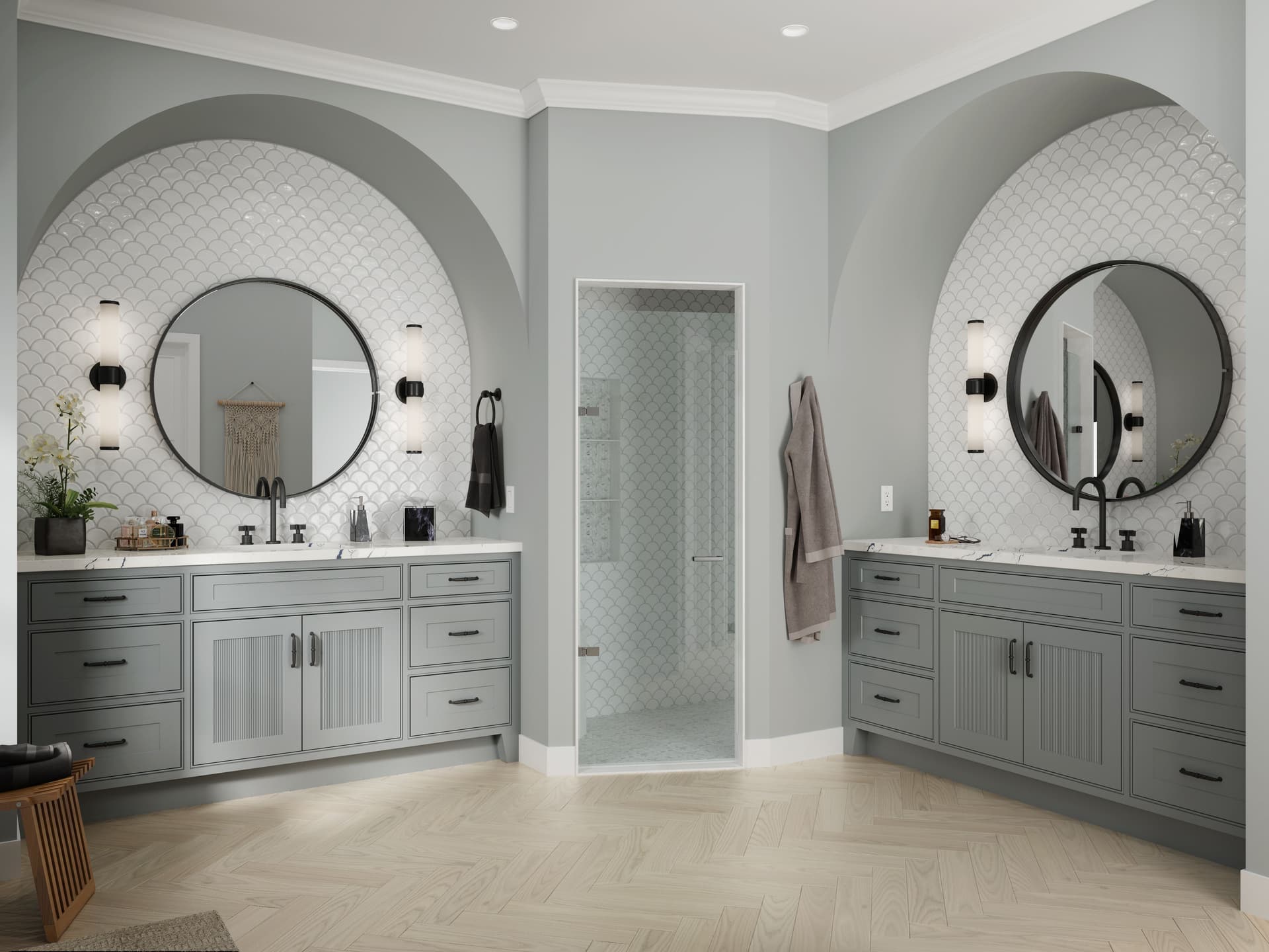 Custom bathroom with twin arched mirror niches and herringbone floor
