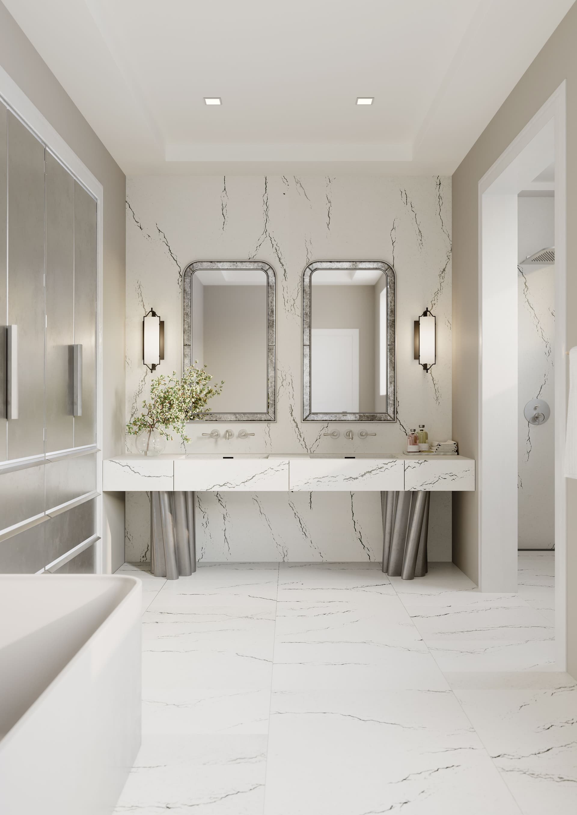 Cambria Berkshire Steel Satin Ridge bathroom with quartz countertops
